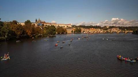 Timelapse - Prague river, Charles Bridge, Prague Castle Stock Footage