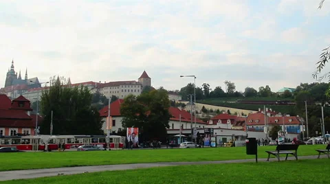 Timelapse of Prague square, Castle on Petrin mountain, tram stop, click for HD Stock Footage 43841456