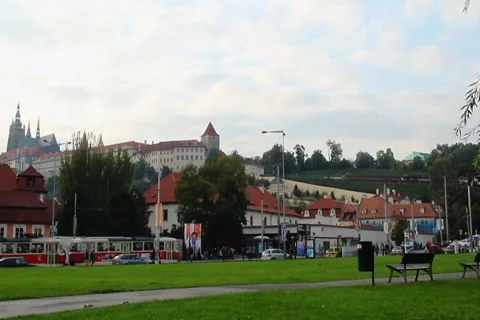 Timelapse of Prague square, Castle on Petrin mountain, tram stop, click for HD Stock Footage 43913415