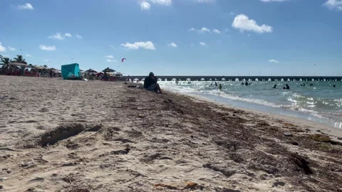 Timelapse with Progreso deck at the horizon in Mexico Stock Footage 159523261