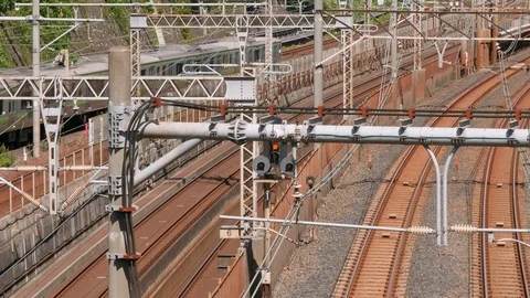 TimeLapse - Railroads where various trains go and go Stock Footage 94421362