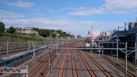 TimeLapse - Railroads where various trains go and go Stock Footage 94421423