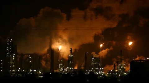 Timelapse – Refinery at night with smoke and fire Stock Footage 45570331