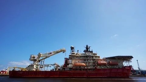 Timelapse of a rig service vessel docked in Leith docks, Edinburgh Stock Footage 77691210