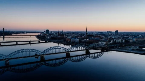 Timelapse Riga city Old Down Town Autumn Drone Flight bridges daugava river Stock Footage 87907438