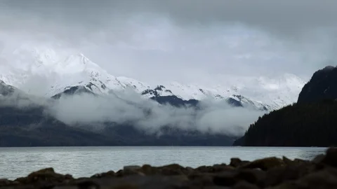 Timelapse of rippling water surface with otter swimming and fog settling down Stock Footage 129114083