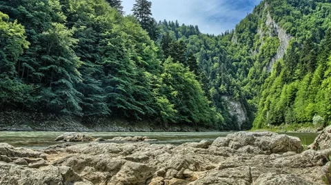 Timelapse of river and mountain range Pieniny, dolly slider. Stock Footage 68374767