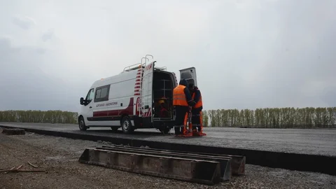 Timelapse Road construction laboratory analyzes the quality of the new road Stock Footage 117959610