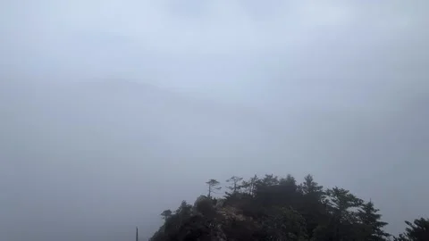 Timelapse of a Rolling Sea of Clouds Over a Forested Mountain Peak in China Stock Footage 337859339