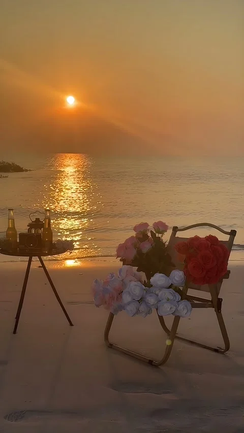 Timelapse of a Romantic Beach Sunset with Flowers and Drinks on a Sandy Shore Stock-Footage 336826764