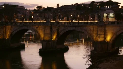 Timelapse Rome, dramatic view of Saint'Angel Bridge at dusk with River Stock Footage 103627469