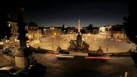 Timelapse Rome Piazza del Popolo, Panoramic nightview above the famous square Stock Footage 101263832