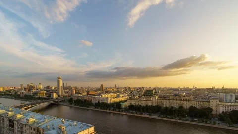 Timelapse rooftop view of Moscow with river and House of Music surrounded by Stock-Footage 320163868