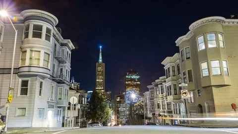 Timelapse of Row of Victorian Residence in San Francisco at Night Stock Footage