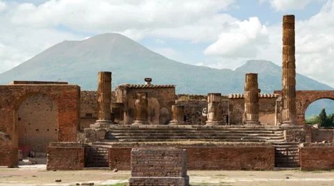 Timelapse of the ruins of Pompei with volcano Vesuvius at back, Italy Stock Footage