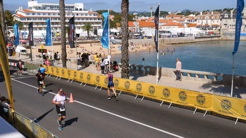 Timelapse of running part of the Ironman 70.30 endurance competition in Cascais Stock Footage 116812648