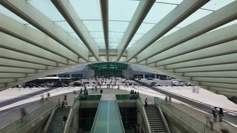 Timelapse of Rush Hour Crowds and Traffic at Gare do Oriente Station, Lisbon Stock Footage 340043137