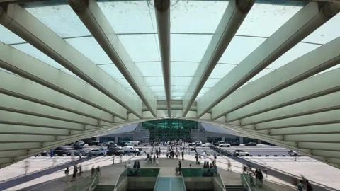 Timelapse Rush Hour at Gare do Oriente, Lisbon Subway and Train Station with Stock Footage 340043202
