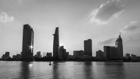 Timelapse, Saigon in Black and White.  Ho Chi Minh Skyline of Financial District Stock Footage 115957865