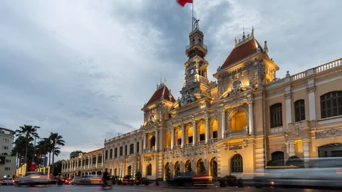 Timelapse Saigon City Hall, Vincom Center towers in the night Stock Footage 115957589