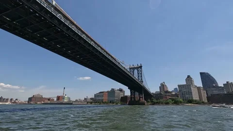Timelapse: Sailing Underneath the Manhattan Bridge on Sunny Summer Afternoon Stock Footage 219162408