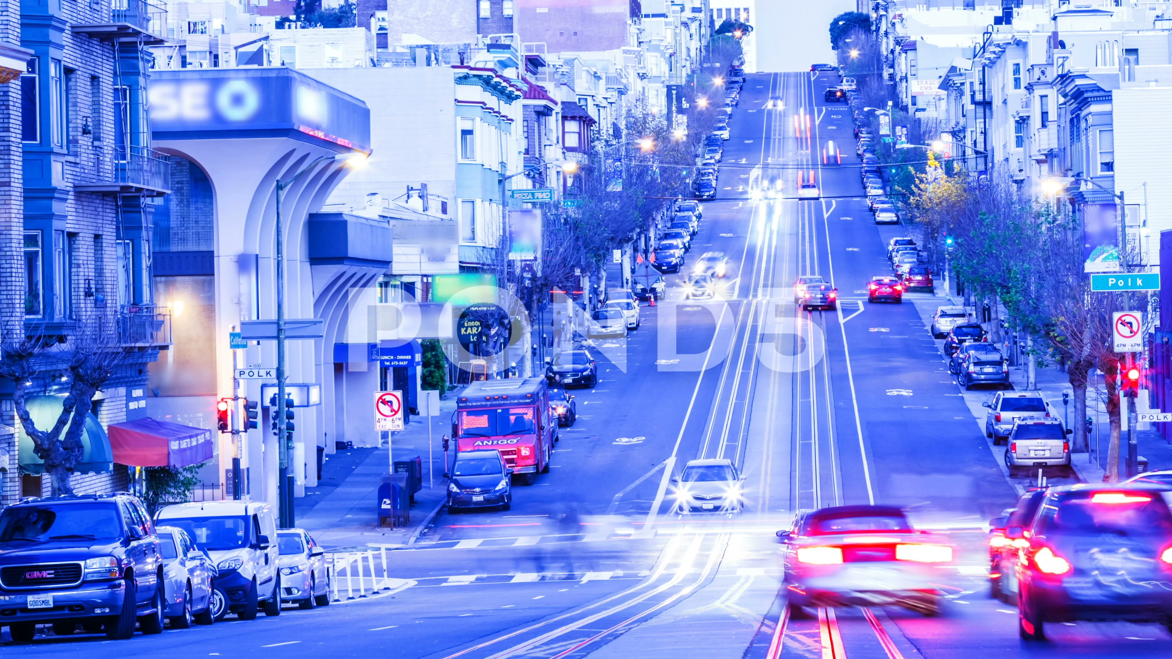 Timelapse of San Francisco Uphill Street Day to Night Transition Pan Right