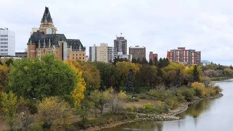 Timelapse of the Saskatoon, Canada cityscape in fall 4K Stock Footage 120020655