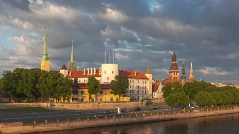 Timelapse scene of Riga castle and the towers of the Old Town in Riga, Latvia Video stock 163455839