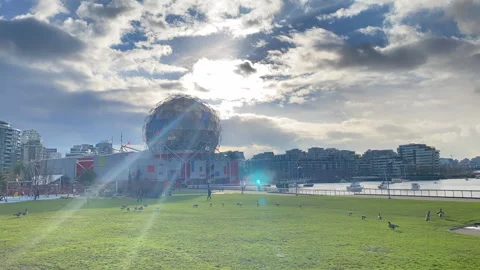 Timelapse Of Science World With Sun Light Rays In Vancouver, BC, Canada Stock Footage 260782512