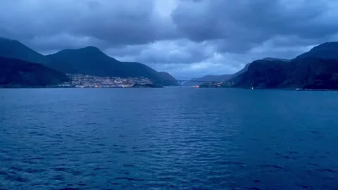 Timelapse from the sea Harbour view from ship  VAGSFJORDEN norway 2022 Stock Footage 260193258
