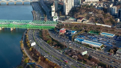 Timelapse Seoul parallel highways and railway bridge Stock Footage 117216609