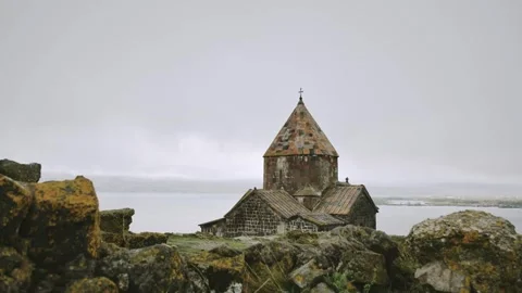 Timelapse Sevanavank monastic complex building with Sevan lake view. Penins.. 스톡 동영상 290499750