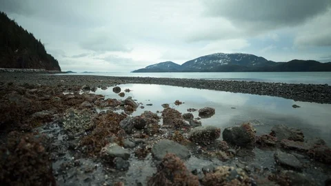 Timelapse of shallow lake covered in rocks reflecting cloudy sky on its surface Stock Footage 129114492