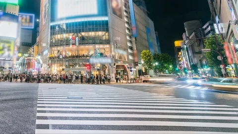 Timelapse of Shibuya Crosswalk Ground Level at Night -Pan Left- Stock Footage