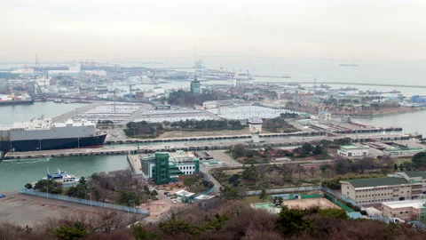 Timelapse ship sails along Incheon shipping lock Stock Footage 117215791