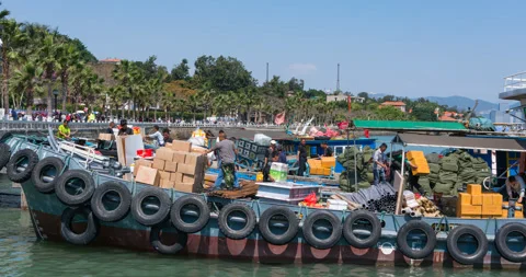 Timelapse, Ship Worker Unloading Goods at Wharf in Gulangyu Island Stock Footage 88709337