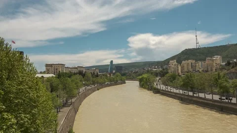 Timelapse shooting of Kura river. View from Tamar Mepe bridge in Tbilisi,Georgia Stock Footage 130493939