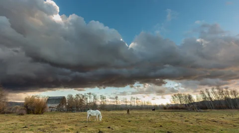Timelapse shot of dark clouds moving over a horse pasture Stock Footage 35062107