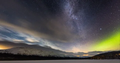 Timelapse showing milky way and the Auroras Stock Footage