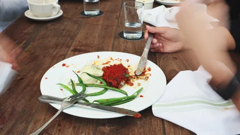 A timelapse shows green beans, mashed potatoes, and meatloaf being eaten with fo Stock Footage 279518924