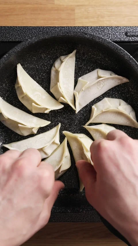 Timelapse shows home cook arranging gyoza in pan. Stock Footage 342316241
