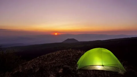 Timelapse Sicily sunset volcanic landscape wild camp illuminated tent Etna park Vídeos de archivo 148065505