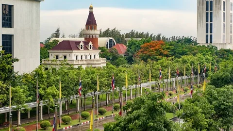 Timelapse of the sidwalk in Assumption University (ABAC) on rainy day Stock Footage 111162345