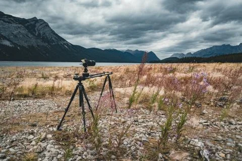 Timelapse slider setup with campera tripod across Isolated Peak and surrounding Foto stock