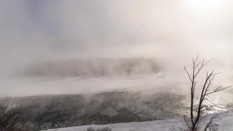 Timelapse slider Yellowstone River steaming in extreme cold Stock Footage 310537940