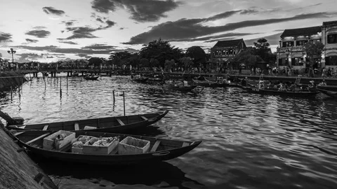 Timelapse, Small Boat Moored in the water Canal. Black And White Stock Footage 115958172