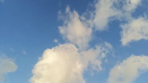 Timelapse of soft white cumulus clouds drifting across a clear blue daytime Vidéo 344751950