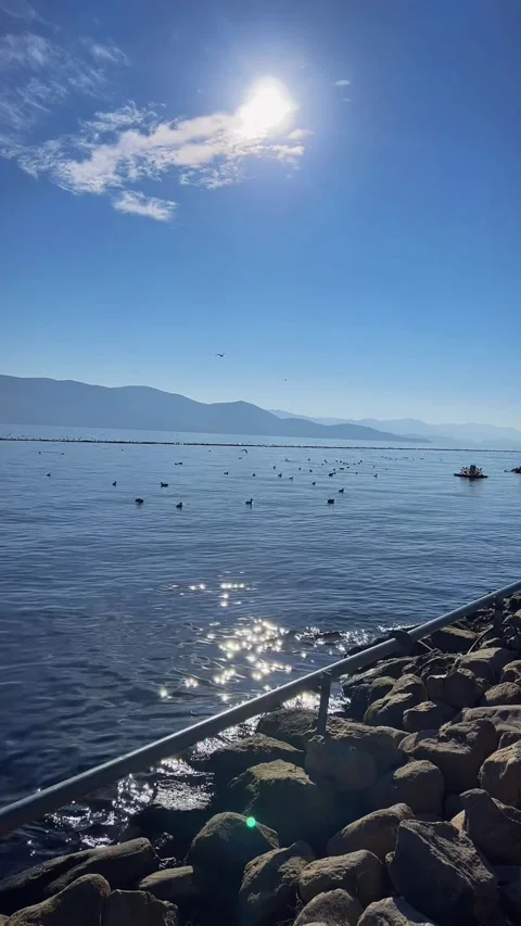 Timelapse of Sparkling Sun Reflection on Blue Lake Water Vídeos de archivo 330303182