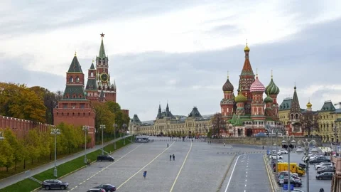 Timelapse of Spasskaya tower of the Kremlin, St. Basil's Cathedral and Vasilyevs Stock Footage 252216583