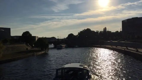 Timelapse of spree river in high contrasts with some boats at berlin, germany Stock Footage 71770618